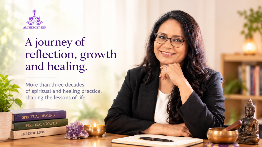 Poonam Jain in a black blazer representing personal growth, reflection, and spiritual healing.