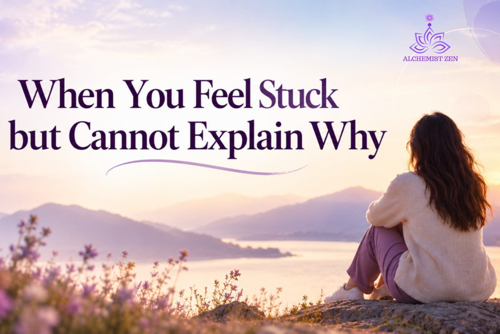 Woman reflecting peacefully beside a lake at sunset, representing the feeling of being emotionally stuck.